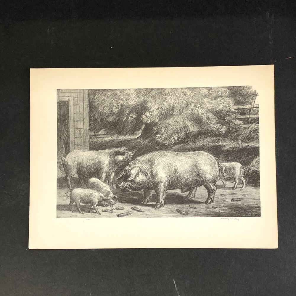 Harry Wickey "Hogs Near a Corncrib" 1930s Art Print Sketch Vintage New York